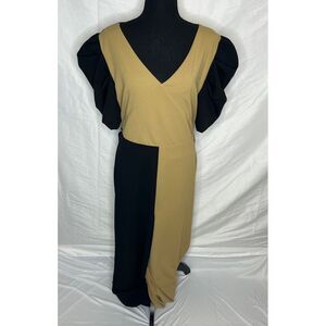 Midnight Velvet Two Tone Black & Tan Maxi Pant Suit with Puff Sleeves, Size 16